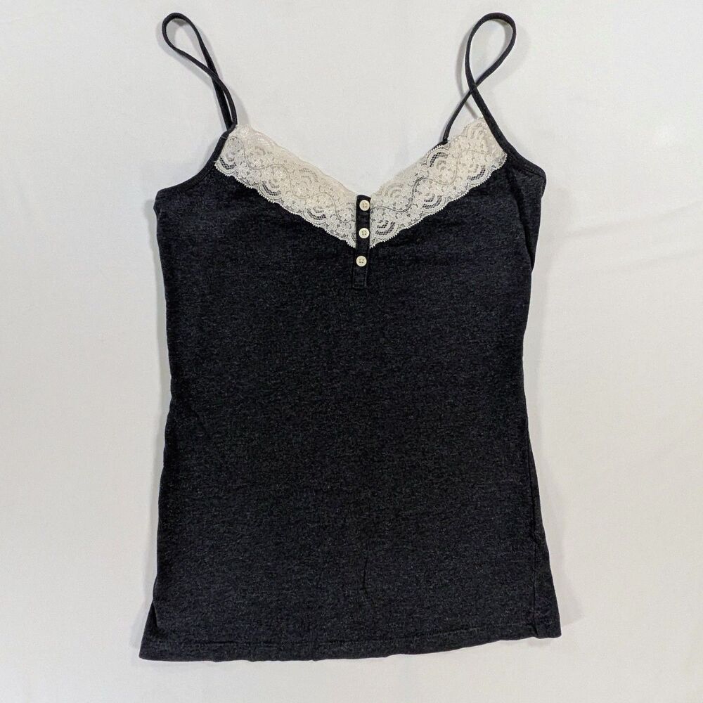 Old Navy Cami Size Small Gray Lace Trim Stretch Henley Tank Top Y2K Coquette